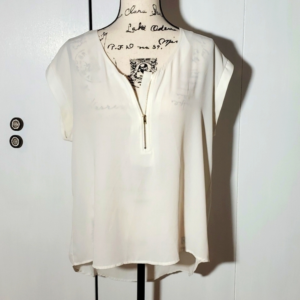 Tacera| Womens White Semi Sheer Zipper Front Short-Sleeve Blouse Top Sz.Large